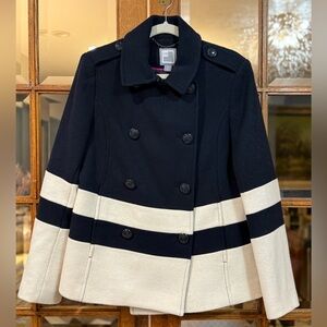 JCP Women’s Sailor Pea coat. Deep blue and white/cream. Size M.